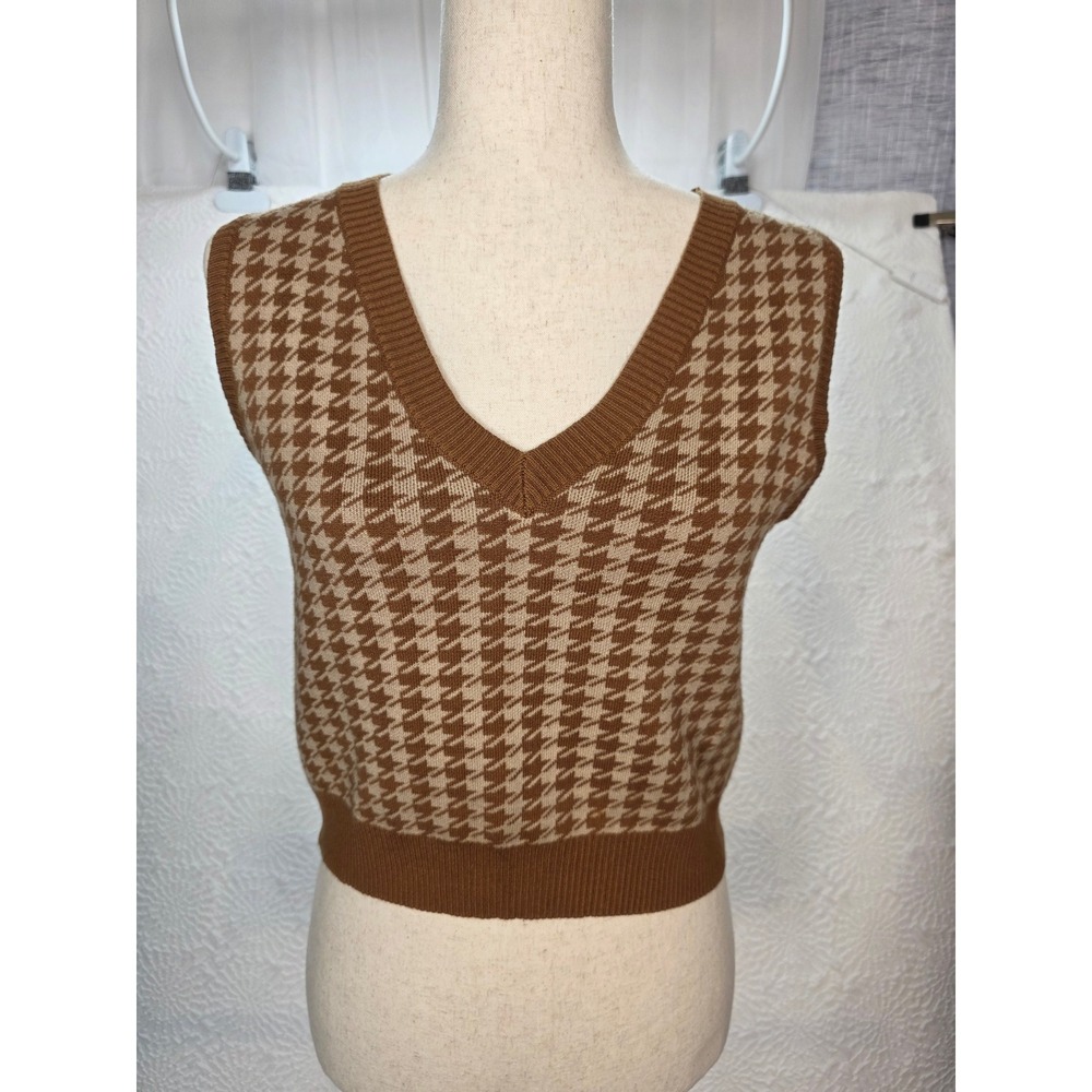 Aster the Label Sweater Vest Women Large Brown Houndstooth Excellent V-Neck Knit